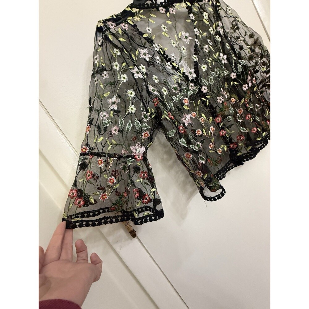 chris mclaughlin Floral Embroidered Sheer Black Kimono Top Large 3/4 Bell Sleeve - Picture 6 of 12